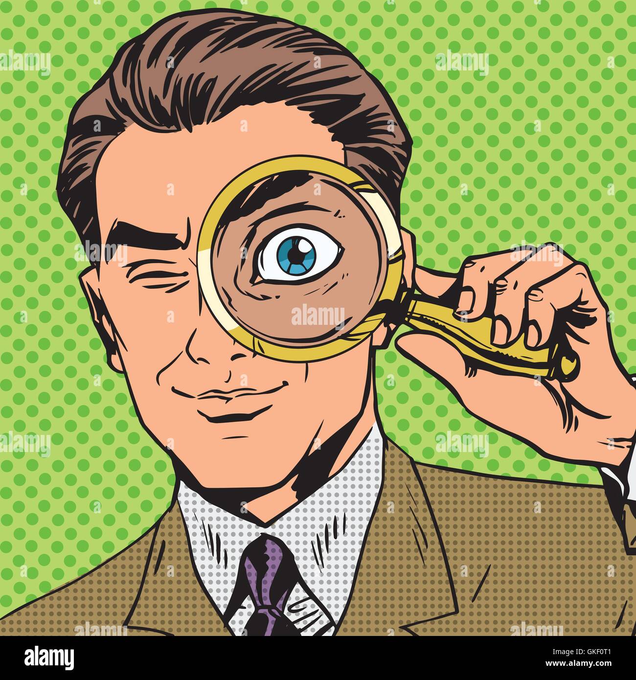The man is a detective looking through magnifying glass search p Stock Vector