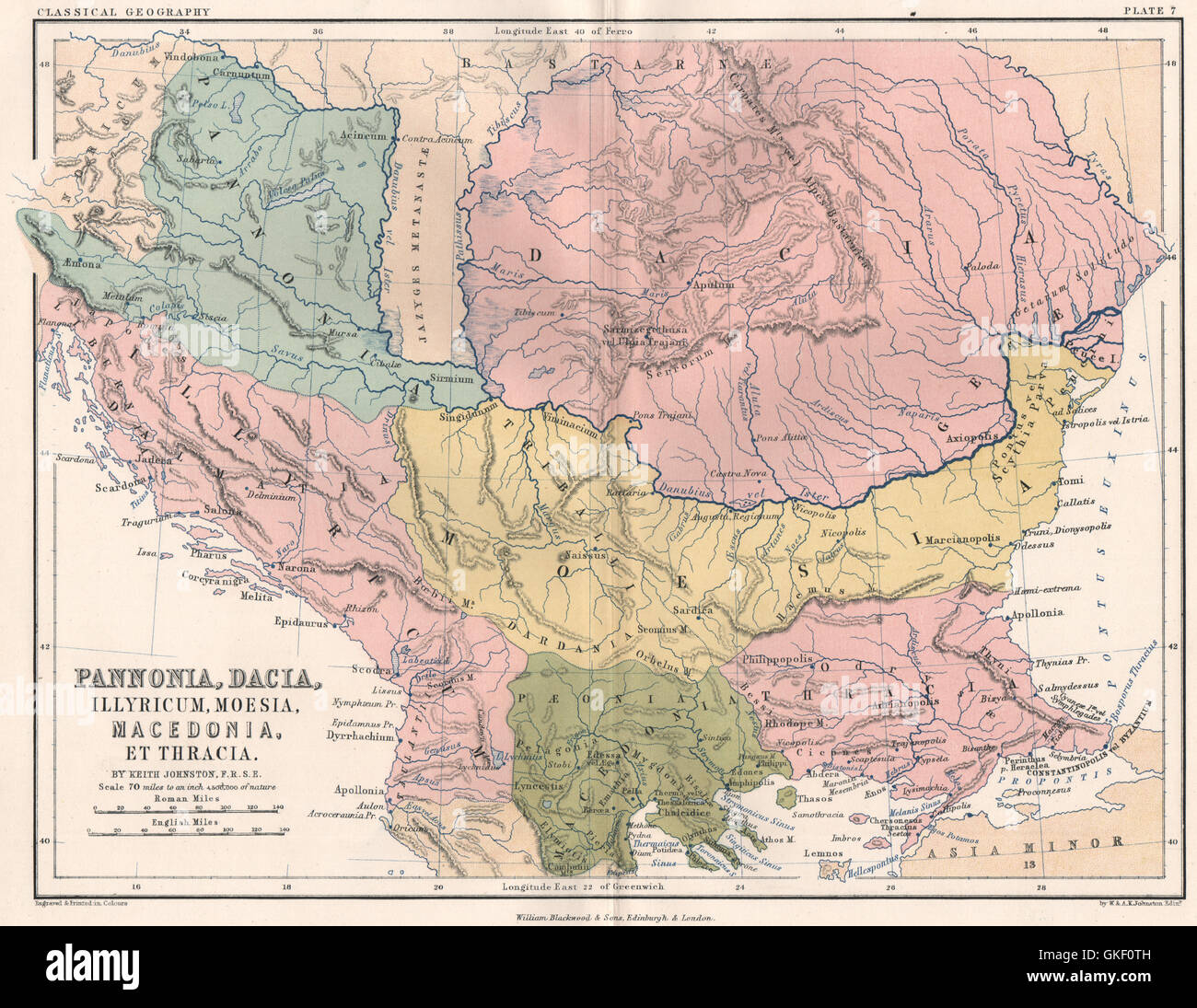 Pannonia, Dacia, Illyricum, Moesia, Macedonia Thracia. Ancient Balkans, 1855 map Stock Photo