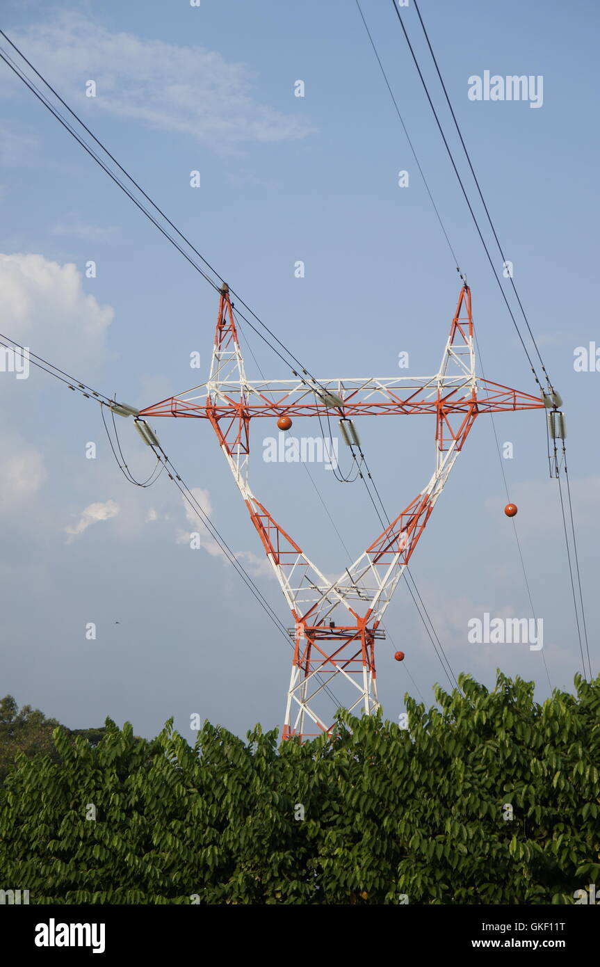 electricity transmission tower with blue skies and green trees Stock Photo