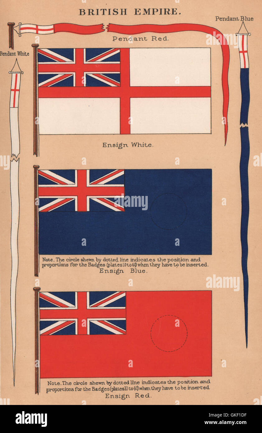BRITISH EMPIRE FLAGS. Red Ensign White Ensign Blue Ensign & Pendants, 1916 Stock Photo