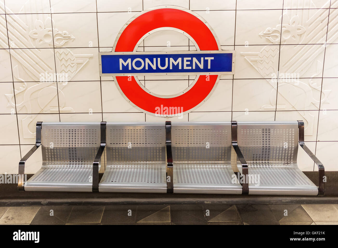 London, UK June 16, 2016 logo of the underground station Monument in