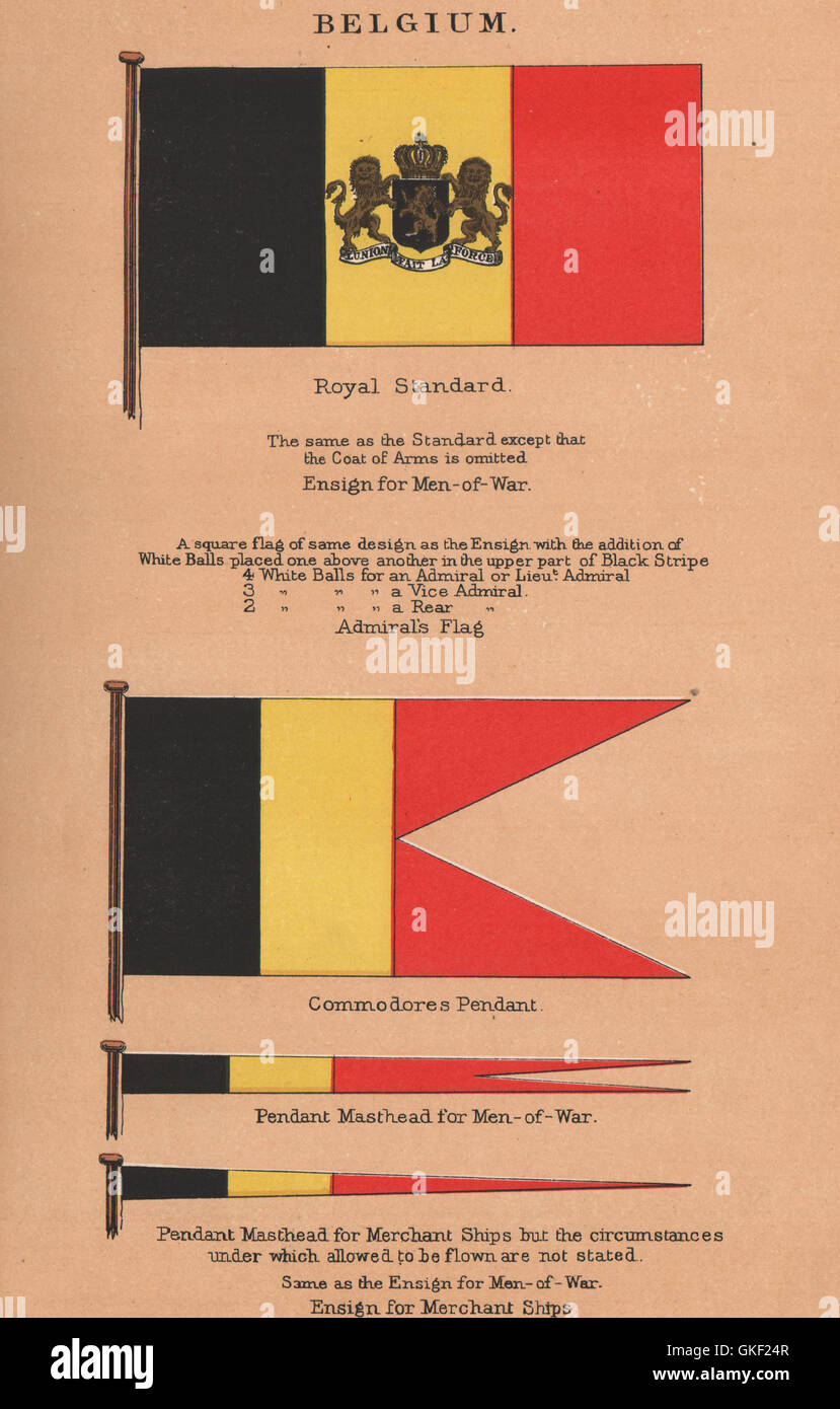 BELGIUM FLAGS. Royal Standard. Commodore's Pendant. Pendant Mastheads, 1916 Stock Photo