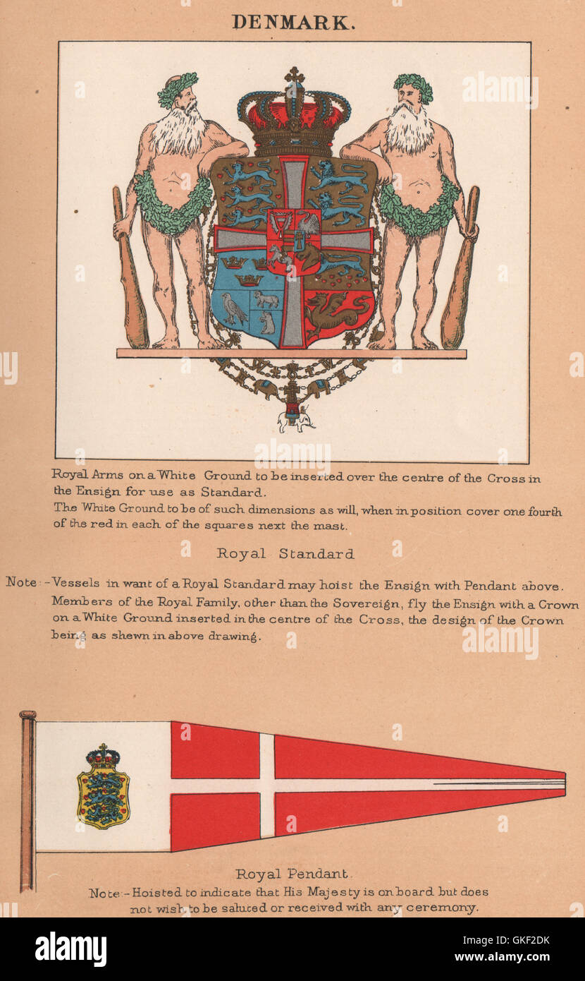 DENMARK FLAGS. Royal Standard. Royal Pendant, antique print 1916 Stock Photo