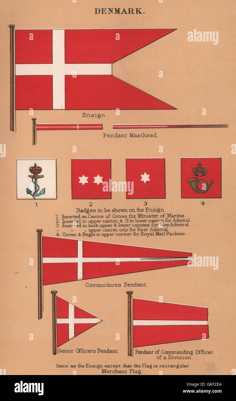 DENMARK FLAGS. Ensign. Pendant Masthead. Badges. Commodore/Senior Officer, 1916 Stock Photo