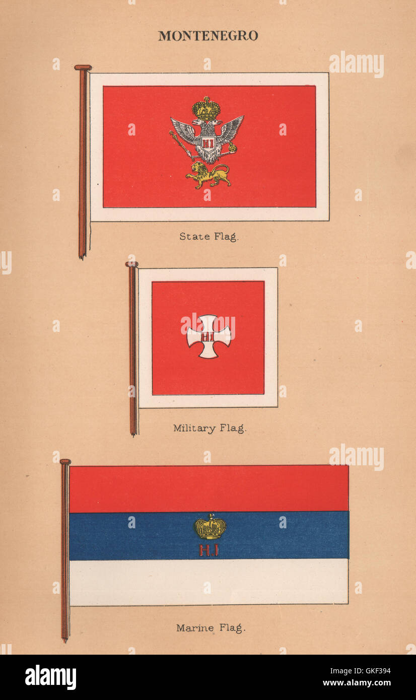 MONTENEGRO FLAGS. State Flag. Military Flag. Marine Flag, antique print 1916 Stock Photo