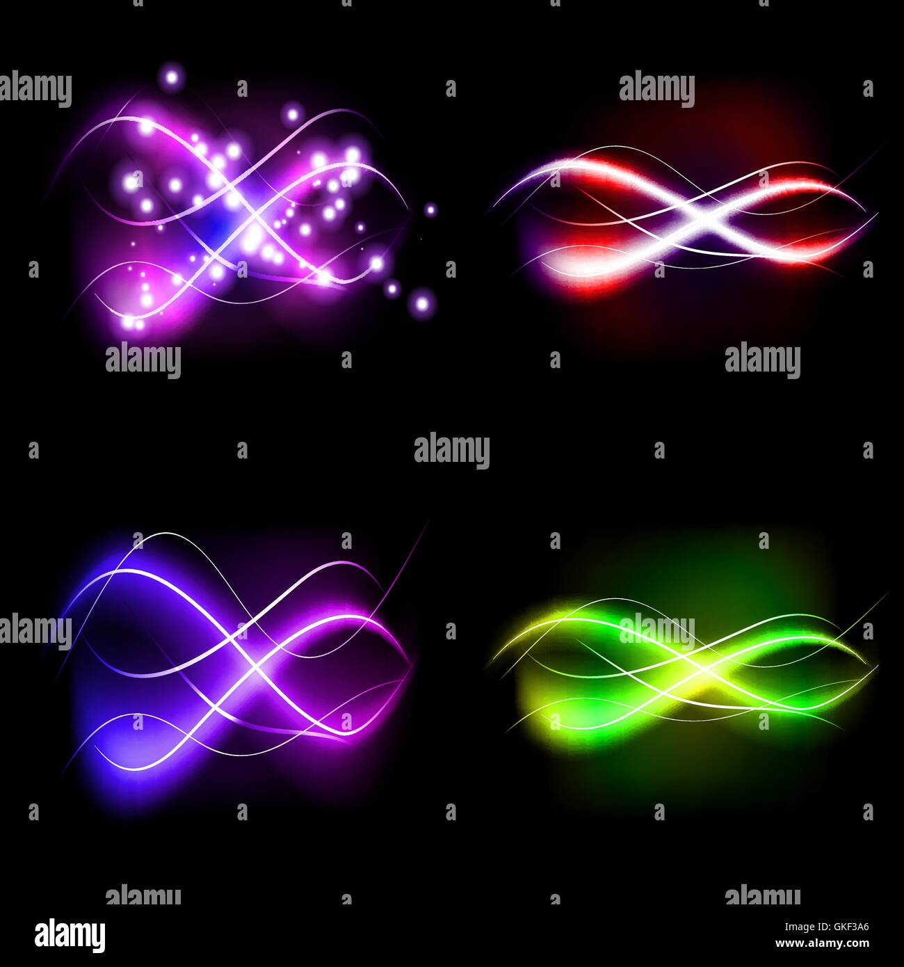 set illustration of colorful abstract background blurred magic neon light curved lines with place for your text. Stock Vector