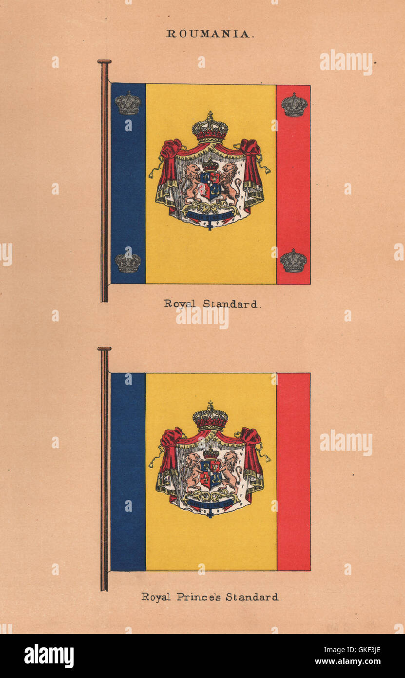 ROUMANIA FLAGS. Royal Standard. Royal Prince's Standard, antique print 1916 Stock Photo