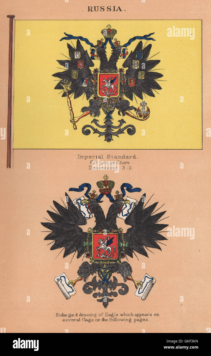 RUSSIA FLAGS. Imperial Standard for use on Shore. Enlarged drawing of Eagle 1916 Stock Photo