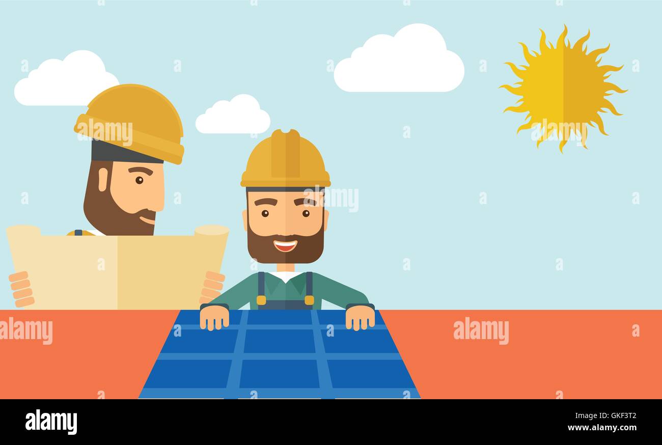 Man putting a solar panel on the roof. Stock Vector