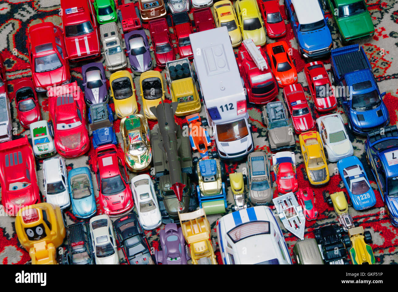 Various colorful toy cars in  traffic jam Stock Photo