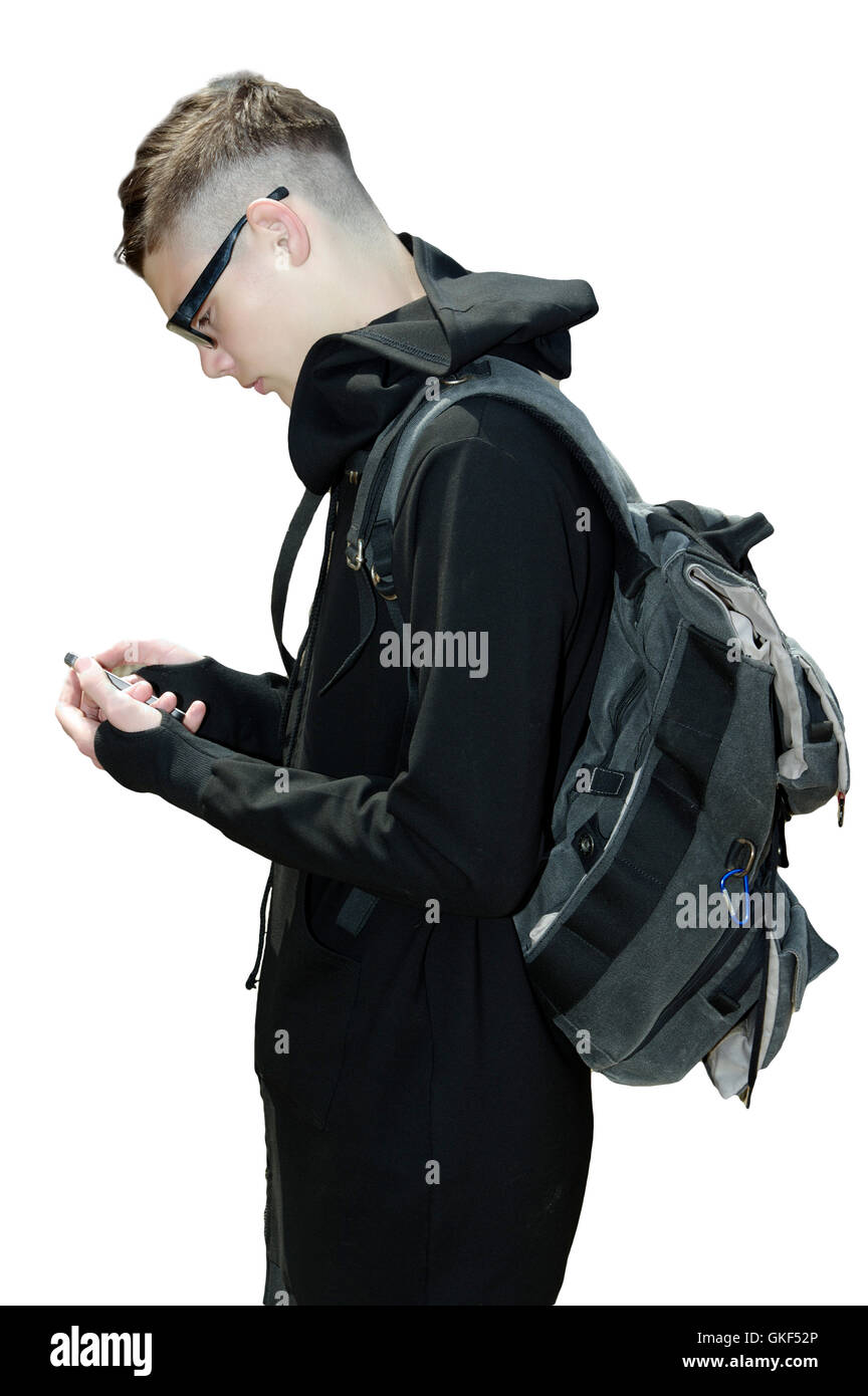 side view of a handsome man in robes and black glasseswith a backpack ...
