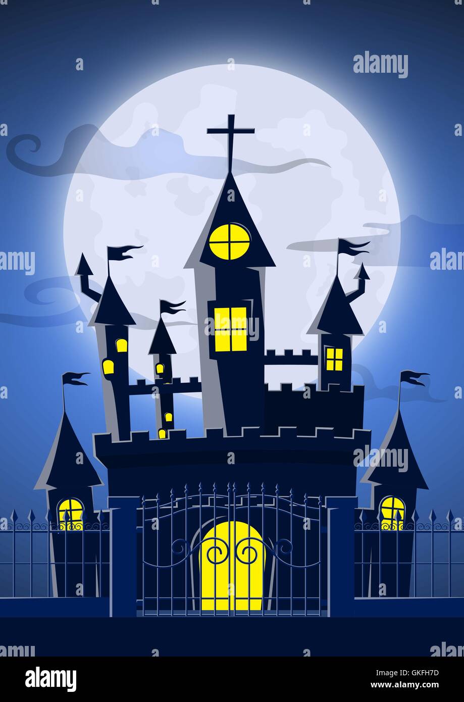 Spooky ghost castle with full moon in background. Happy Halloween night ...