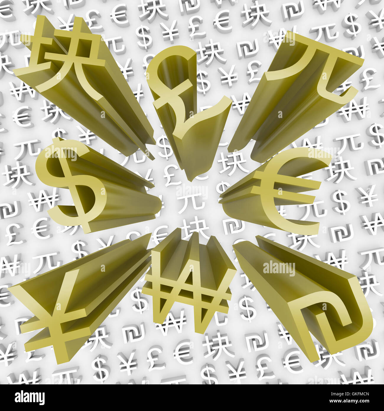 Gold Currency Symbols Fly Out of Money Background Stock Photo