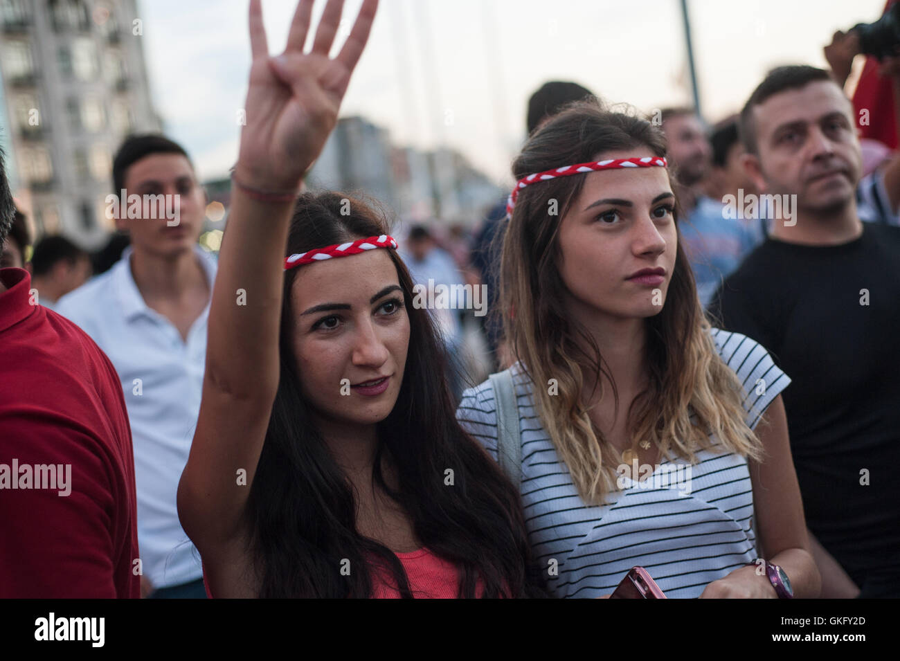 Young Turkish women supporting the Akp government at a rally to celebrate a failed coup attempt Stock Photo