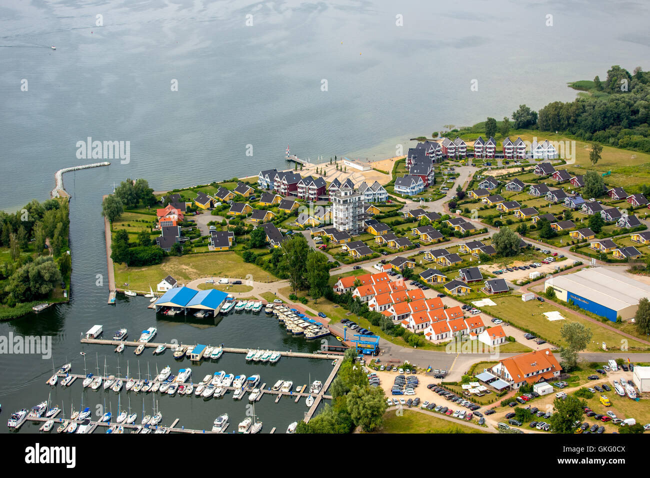 Aerial view, Claasssee holiday-park Müritz  captains houses, habour village Müritz - aerial Kuhnle-tours, Müritzblick, Stock Photo