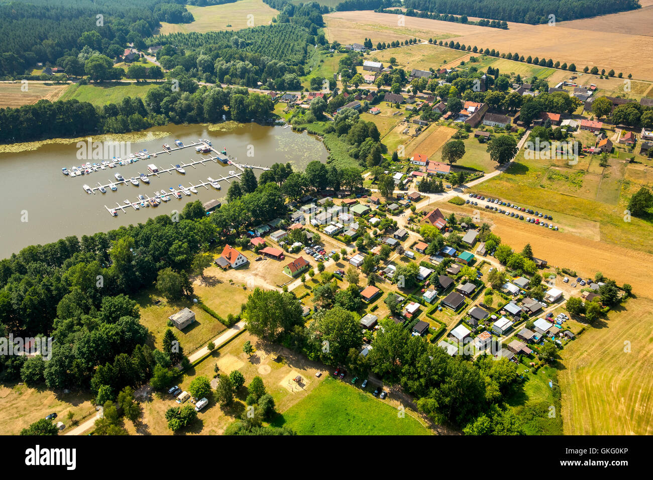 Aerial view, Buchholz with Müritzsee and jetties, marina Müritzsee, boat ramps, Mecklenburg Lakelands, Stock Photo