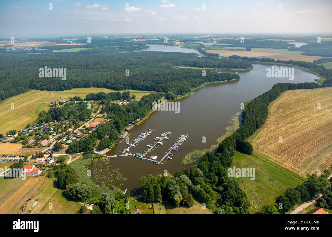 Aerial view, Buchholz with Müritzsee and jetties, marina Müritzsee, boat ramps, Mecklenburg Lakelands, Stock Photo