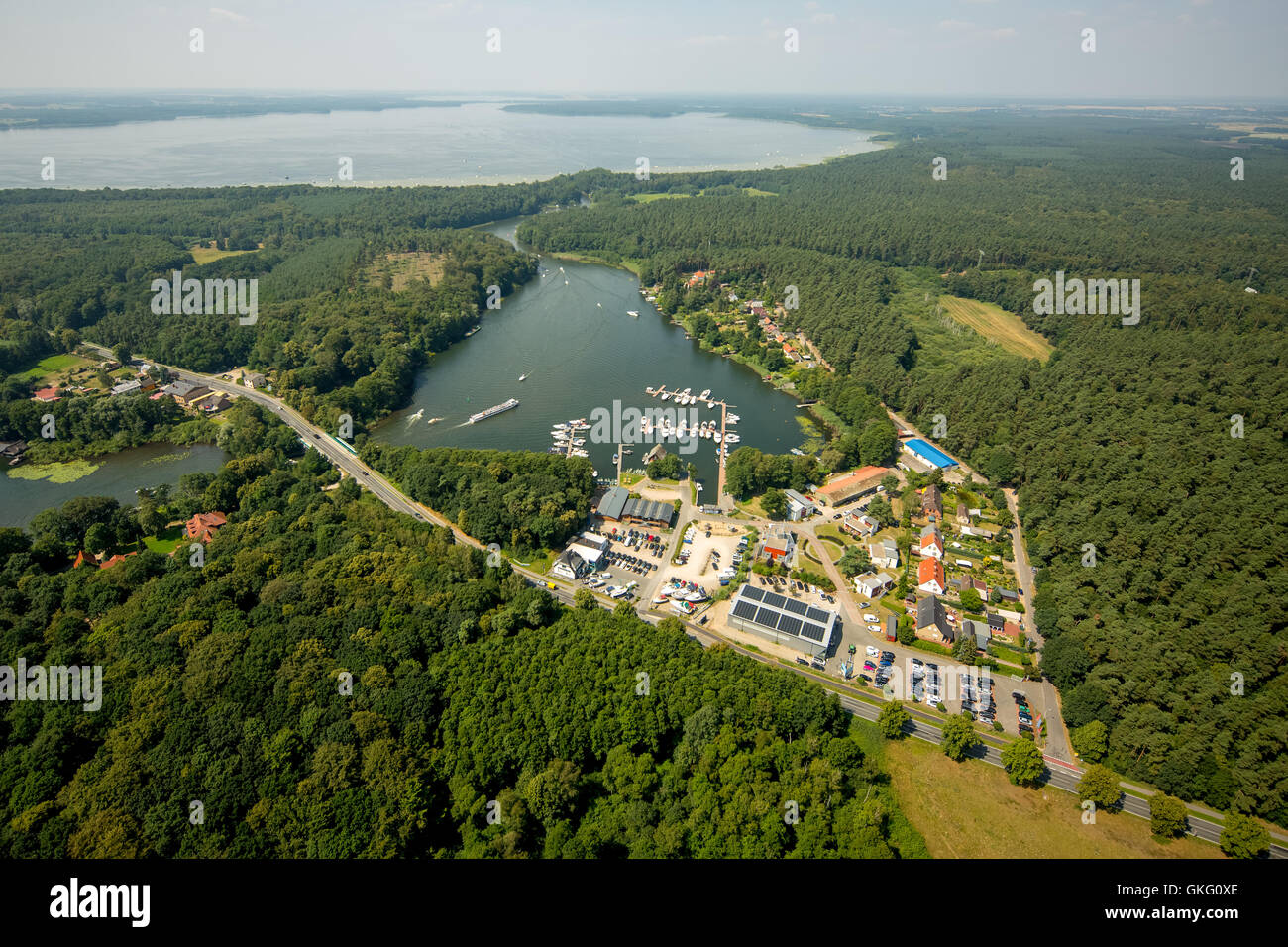 Aerial view, goods Marina Eldenburg, motorboats, inland navigation, Waren (Müritz), Mecklenburg Lake District Landscape, Stock Photo