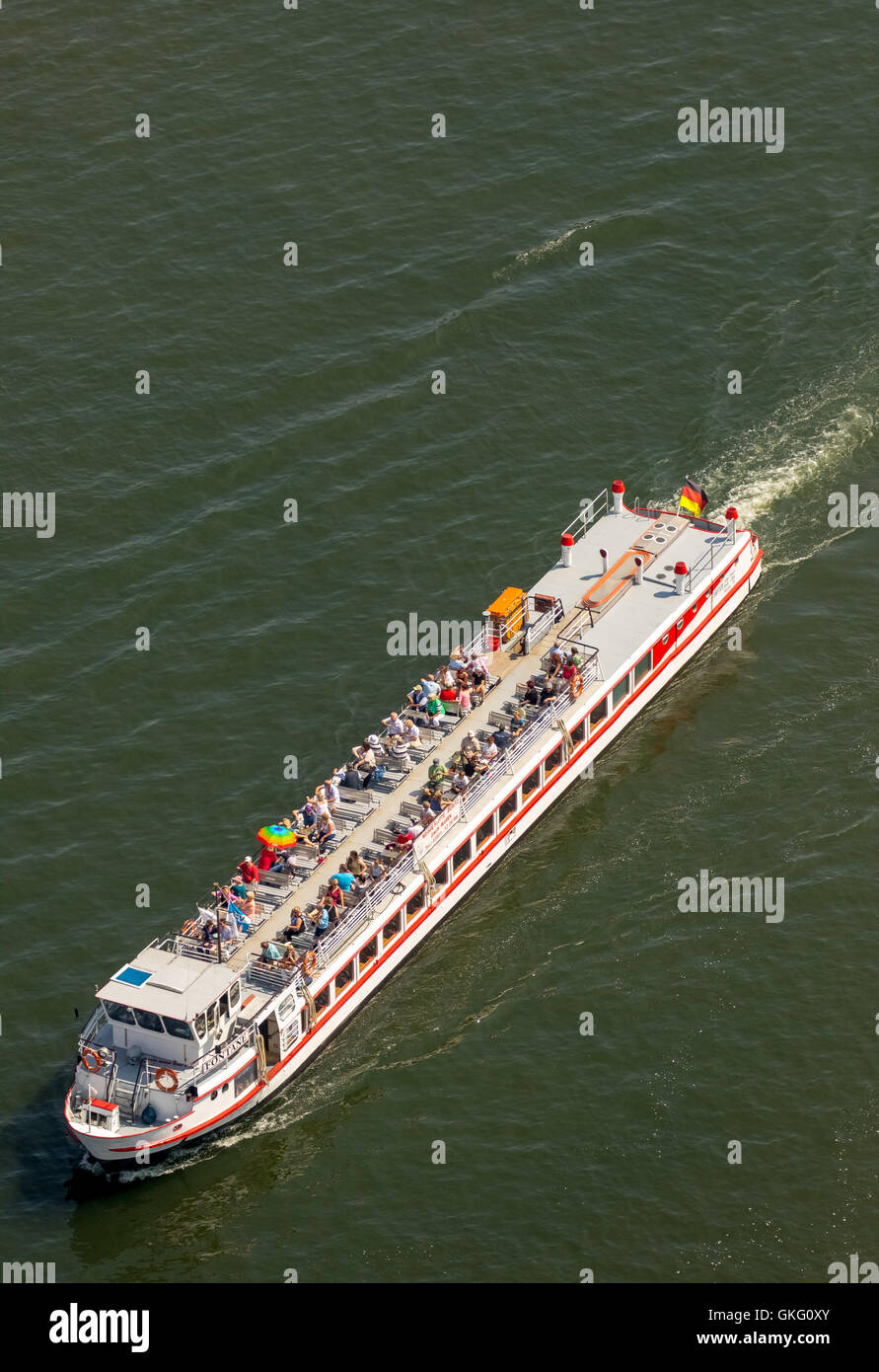 Aerial view, pleasure boat Fontane, Passenger Ship, Reeckkanal, Waren (Müritz), Mecklenburg Lake District Landscape, Mecklenburg Stock Photo