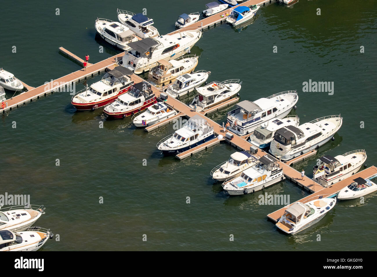Aerial view, goods Marina Eldenburg, motorboats, inland navigation, Waren (Müritz), Mecklenburg Lake District Landscape, Stock Photo