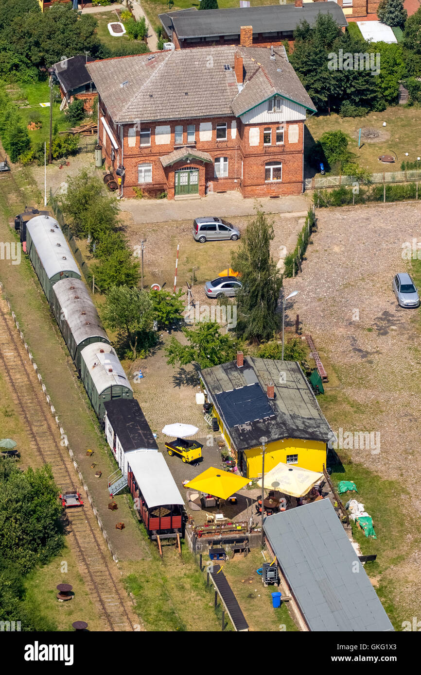 Aerial view, brick train station Neukalen with historical railroad train, trainstation,  Neukalen, Mecklenburg Seascape, Stock Photo