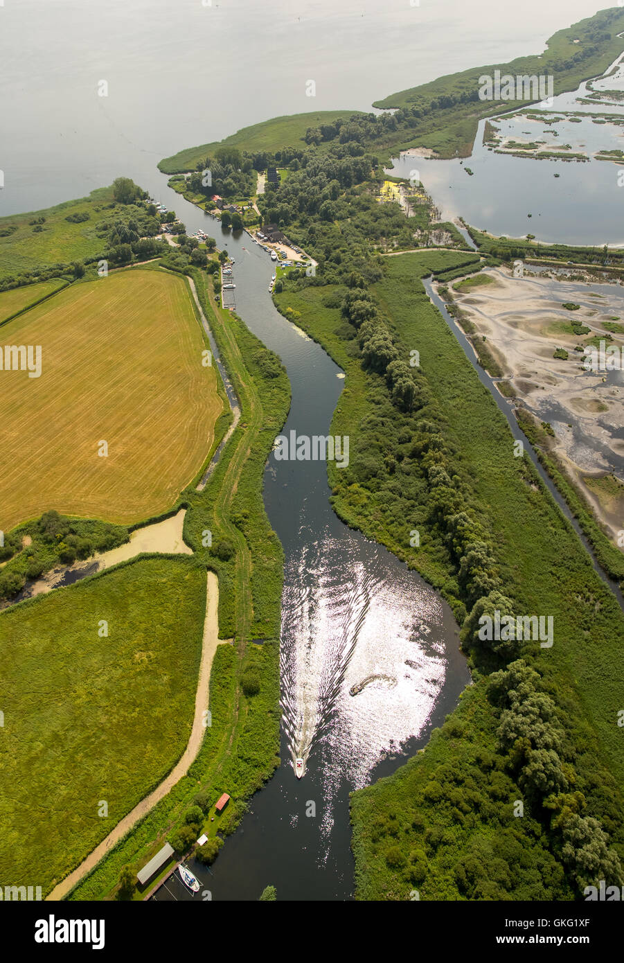 Aerial view, water walking resting place Aalbude at Villa Verchen, Peene, Peene course, Dargun, Mecklenburg Seascape, Stock Photo