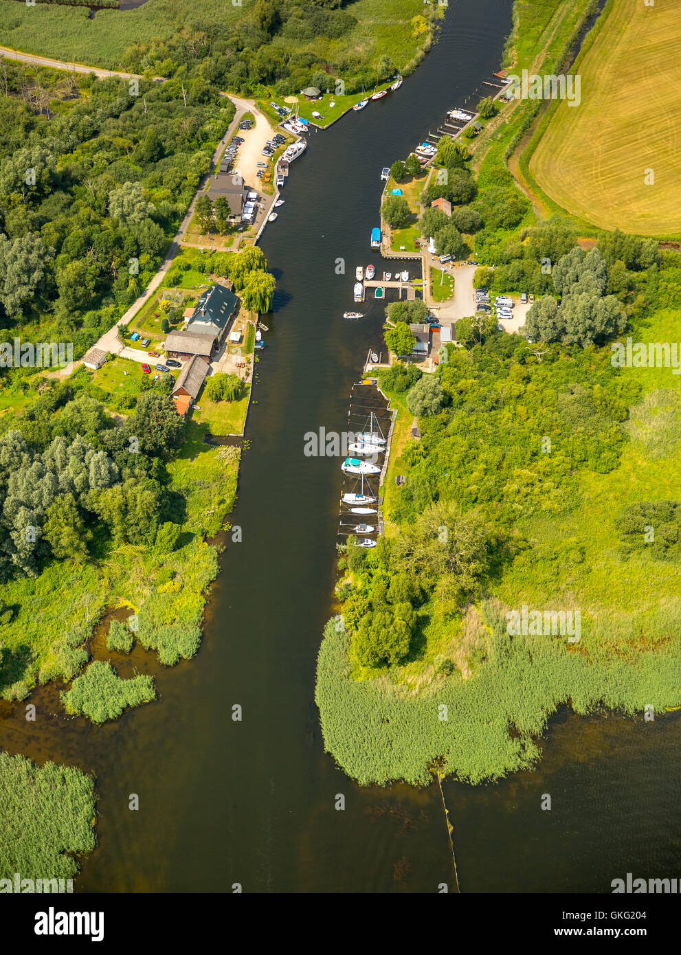 Aerial view, water walking resting place Aalbude at Villa Verchen, Peene, Peene course, Dargun, Mecklenburg Seascape, Stock Photo