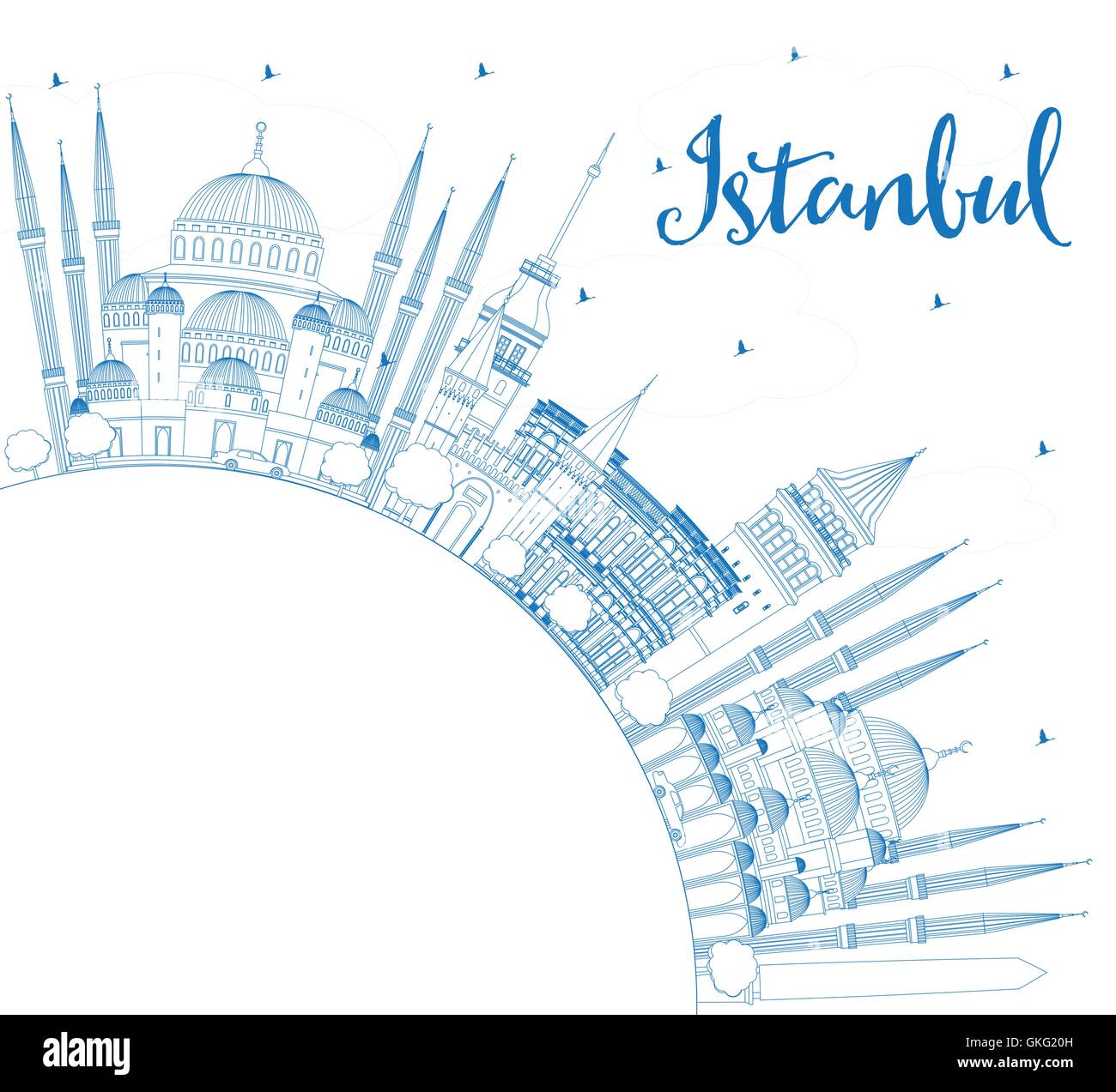 Outline Istanbul Skyline with Blue Landmarks and Copy Space. Vector Illustration. Business Travel and Tourism Concept Stock Vector