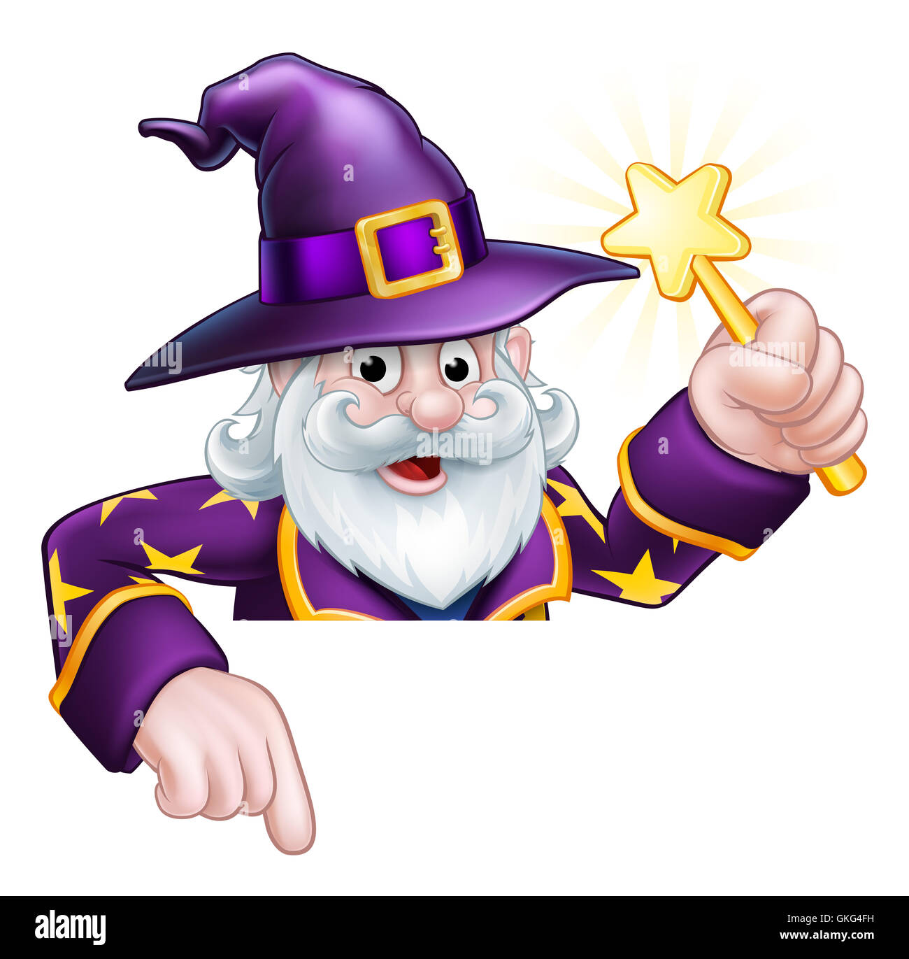 A cartoon wizard Halloween character holding a magic wand peeping over a sign and pointing Stock Photo