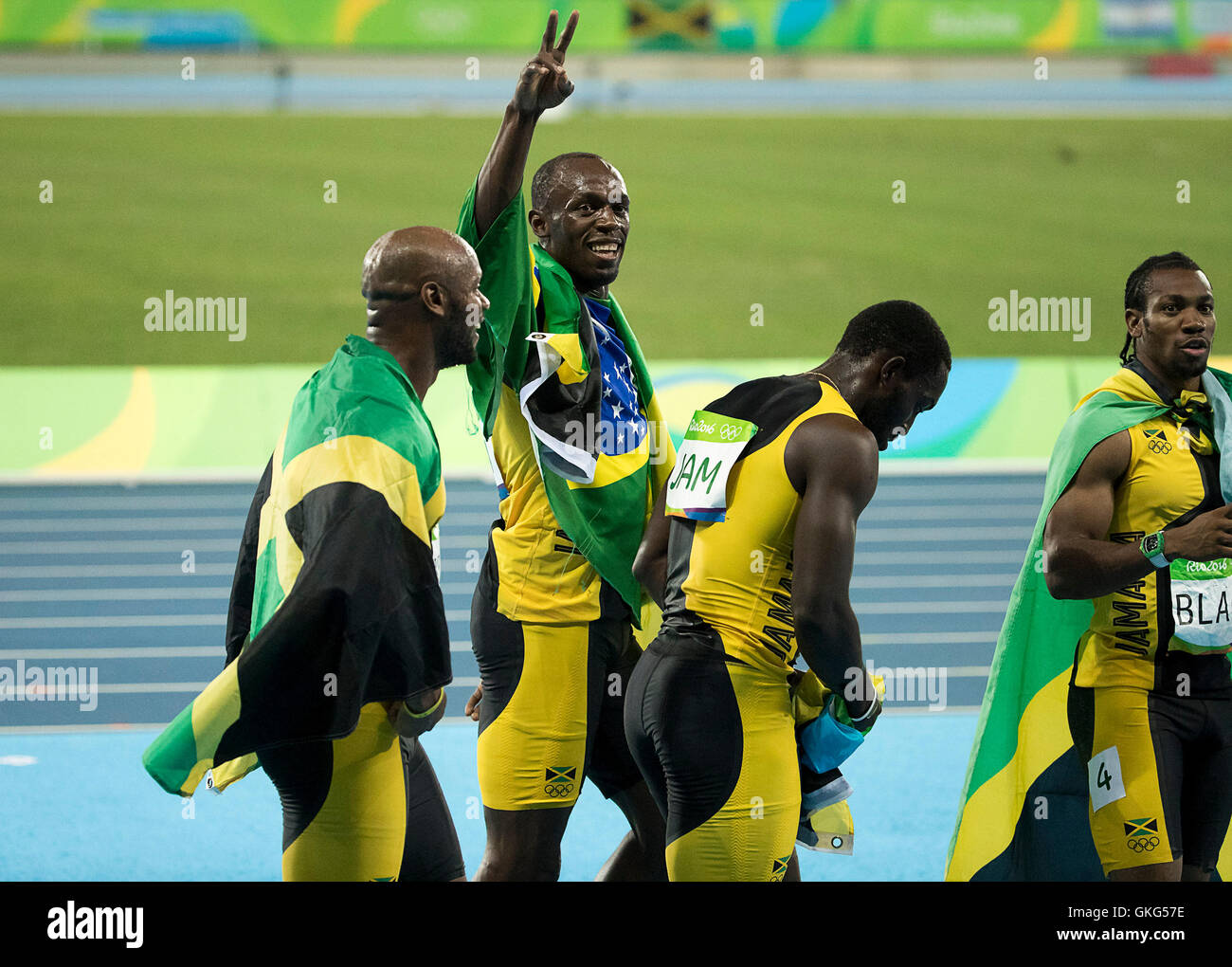 Rio de Janeiro, RJ, Brazil. 19th Aug, 2016. OLYMPICS ATHLETICS: Usain Bolt (JAM) celebrates with Asana Powell (JAM), Nickel Ashmeade (JAM) and Yohan Blake (JAM) after winning the gold medal Men's 4x100 Finals at Olympic Stadium (Engenh''¹o) during the 2016 Rio Summer Olympics games. Credit:  Paul Kitagaki Jr./ZUMA Wire/Alamy Live News Stock Photo