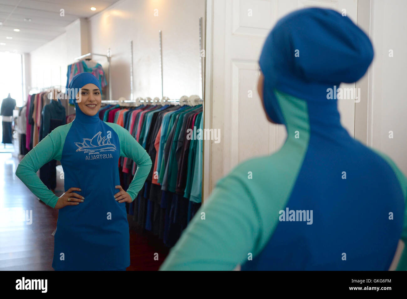 Sydney, Australia. 20th Aug, 2016. Salwa Elrashid, 23, a student from Western Sydney University poses at a boutique in Chester Hill in western Sydney, Australia 20.08.2016. The shop owner Aheda Zanetti invented the burqini in 2004. Photo: Subel Bhandari/dpa/Alamy Live News Stock Photo