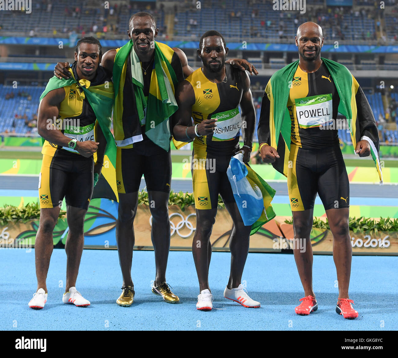Rio de Janeiro, Brazil. 19th August, 2016. Yohan Blake, Usain Bolt, Nickel Ashmeade and Asafa Powell of Jamaica which won the mens 4x100m relay final during the (EVENT) on Day 14 Athletics of the 2016 Rio Olympics at Olympic Stadium on August 19, 2016 in Rio de Janeiro, Brazil. Credit:  Roger Sedres/Alamy Live News Stock Photo