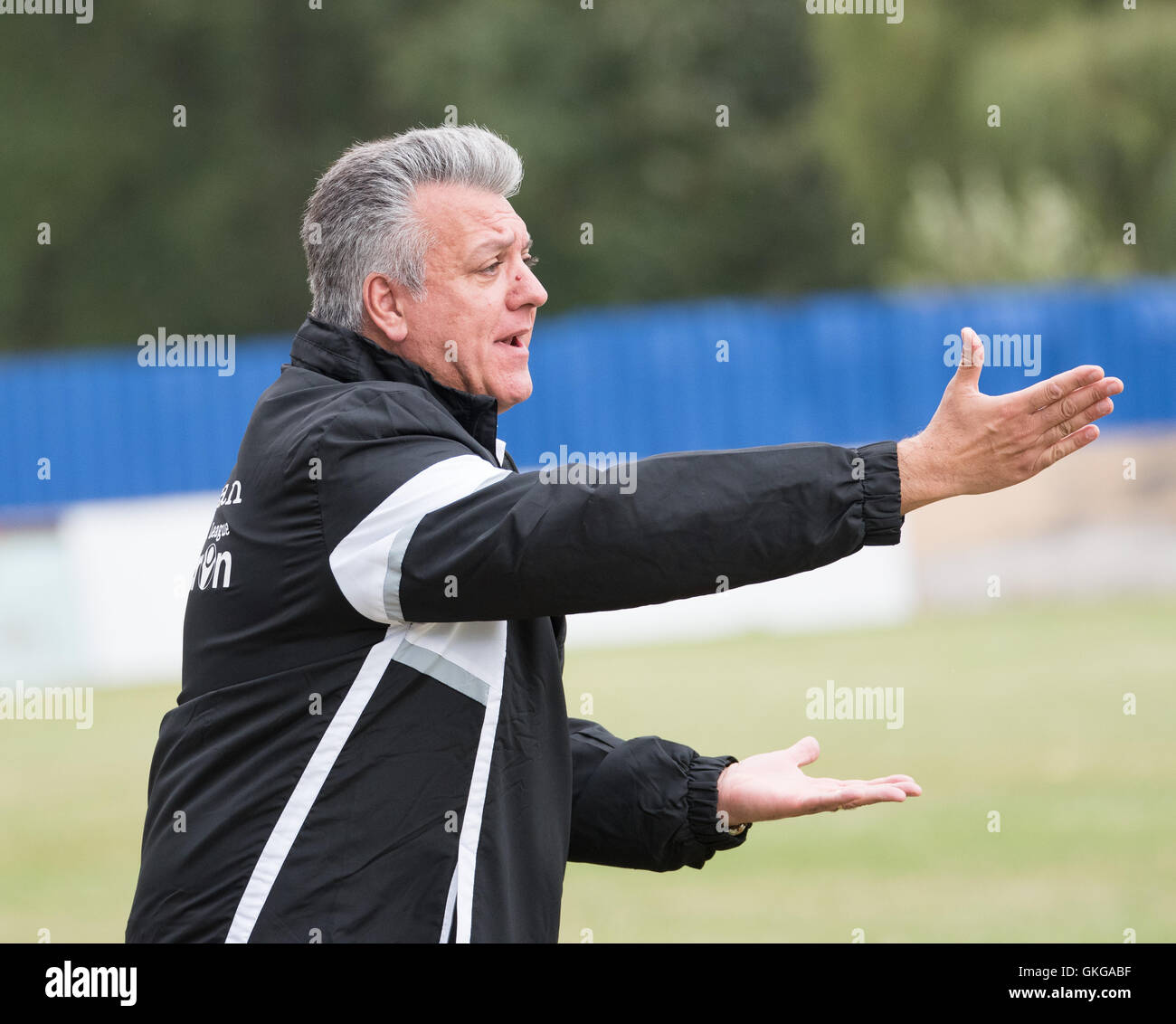 Brentwood Essex, 20th August, 2016, Tony Ievoli, Manager of Brentwood FC encourages his players during the Emirates FA Cup Prelimary Round which Brentwood lost to Tilbury FC 2-1, Stock Photo