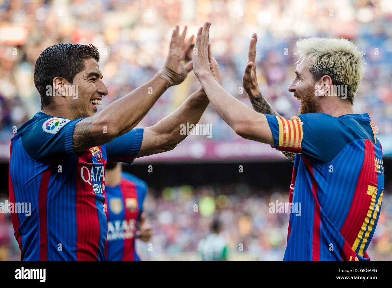 Barcelona, Catalonia, Spain. 20th Aug, 2016. FC Barcelona forward MESSI celebrates a goal with theammates during the BBVA league match against Real Betis at the Camp Nou stadium in Barcelona Credit:  Matthias Oesterle/ZUMA Wire/Alamy Live News Stock Photo