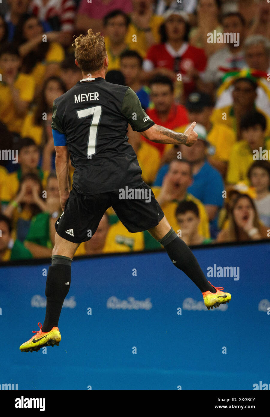Rio De Janeiro, Brazil. 20th Aug, 2016. MEYER Maximilian of Germany celebrates after scoring during starting equalizer between Brazil vs Germany valid for the race for football gold in Rio Olympics 2016 held at Maracanã Stadium. NOT AVAILABLE FOR LICENSING IN CHINA (Photo: Marcelo Machado de Melo/Fotoarena) Credit:  Foto Arena LTDA/Alamy Live News Stock Photo