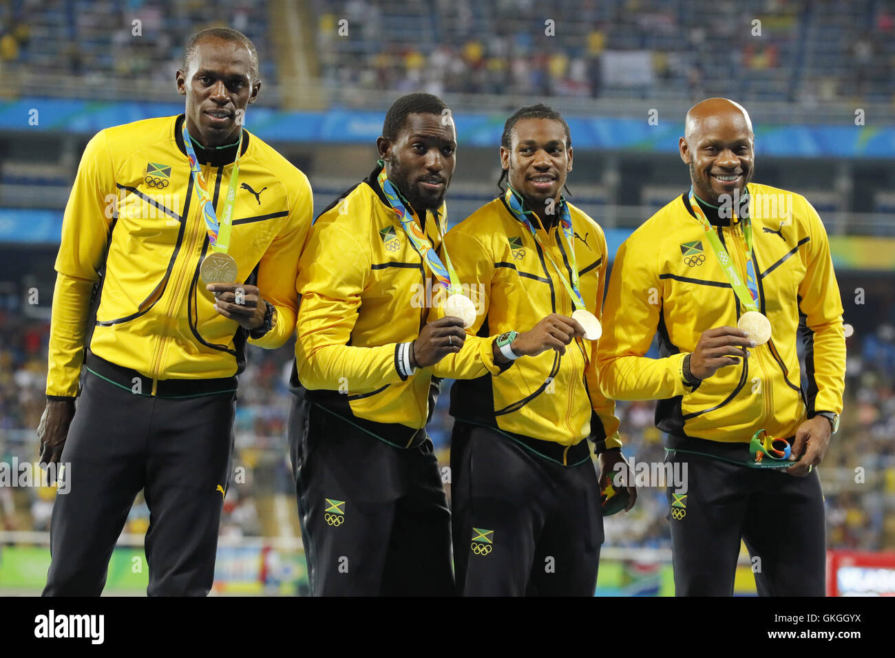 Rio de Janeiro, Brazil. 20th Aug, 2016. (LR) Usain Bolt, Yohan Blake, Nickel Ashmeade, Asafa