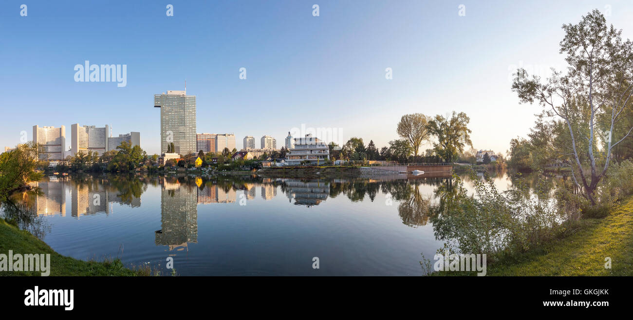 Skyline UNO City Vienna at the so called Kaiserwasser a part of the Old Danube. Stock Photo