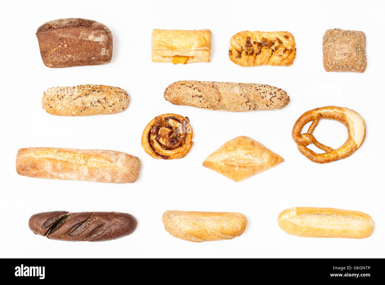horizontal set from various fresh buns and loaves on white background Stock Photo