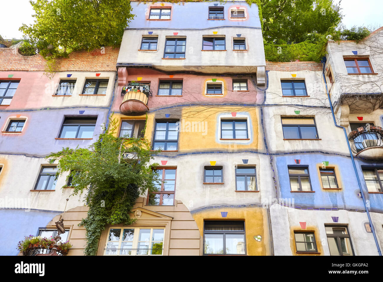 Facade of the Hundertwasserhaus. Stock Photo