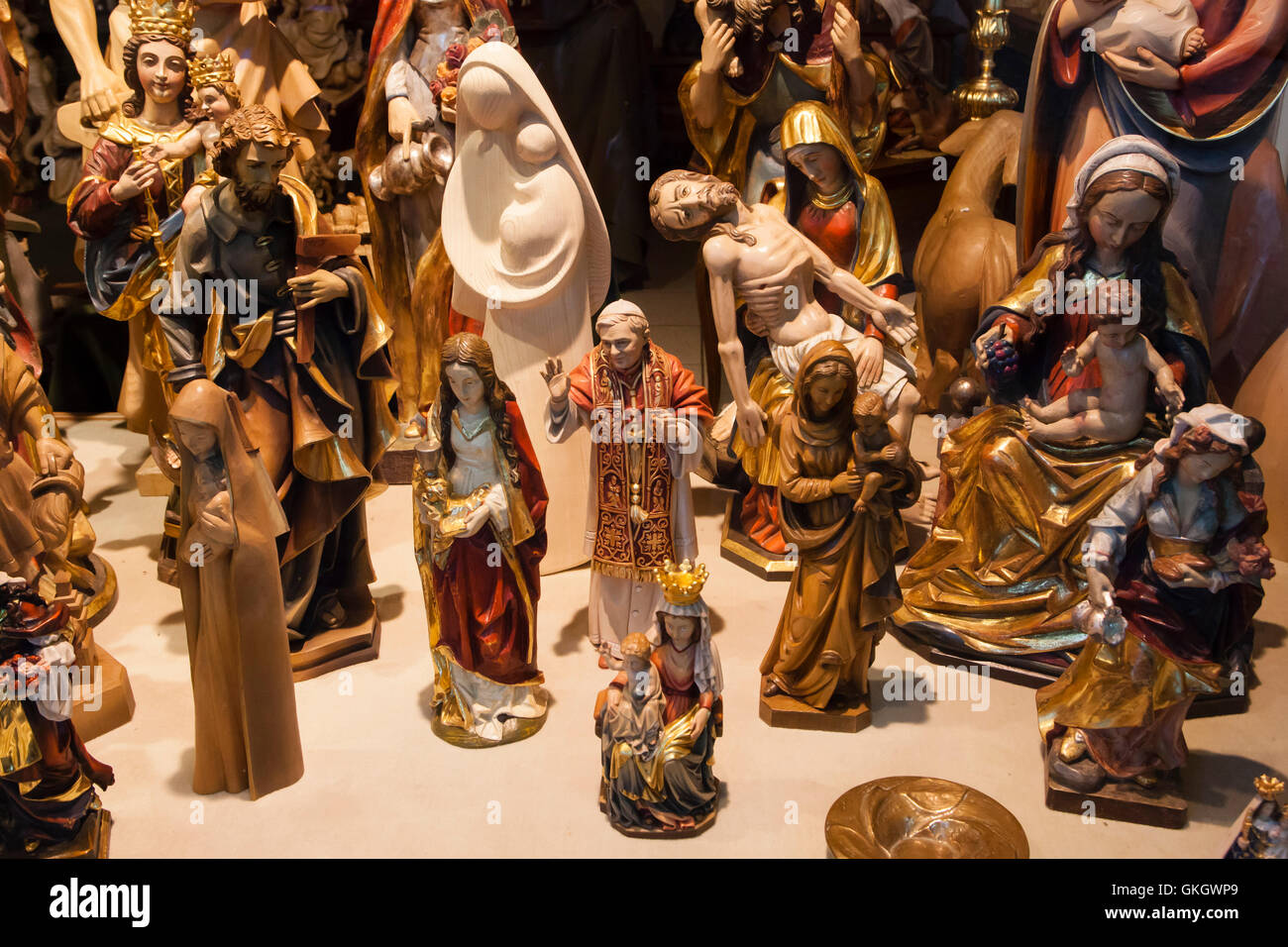 Germany, Kevelaer, shop with figures of saint, shop window. Stock Photo