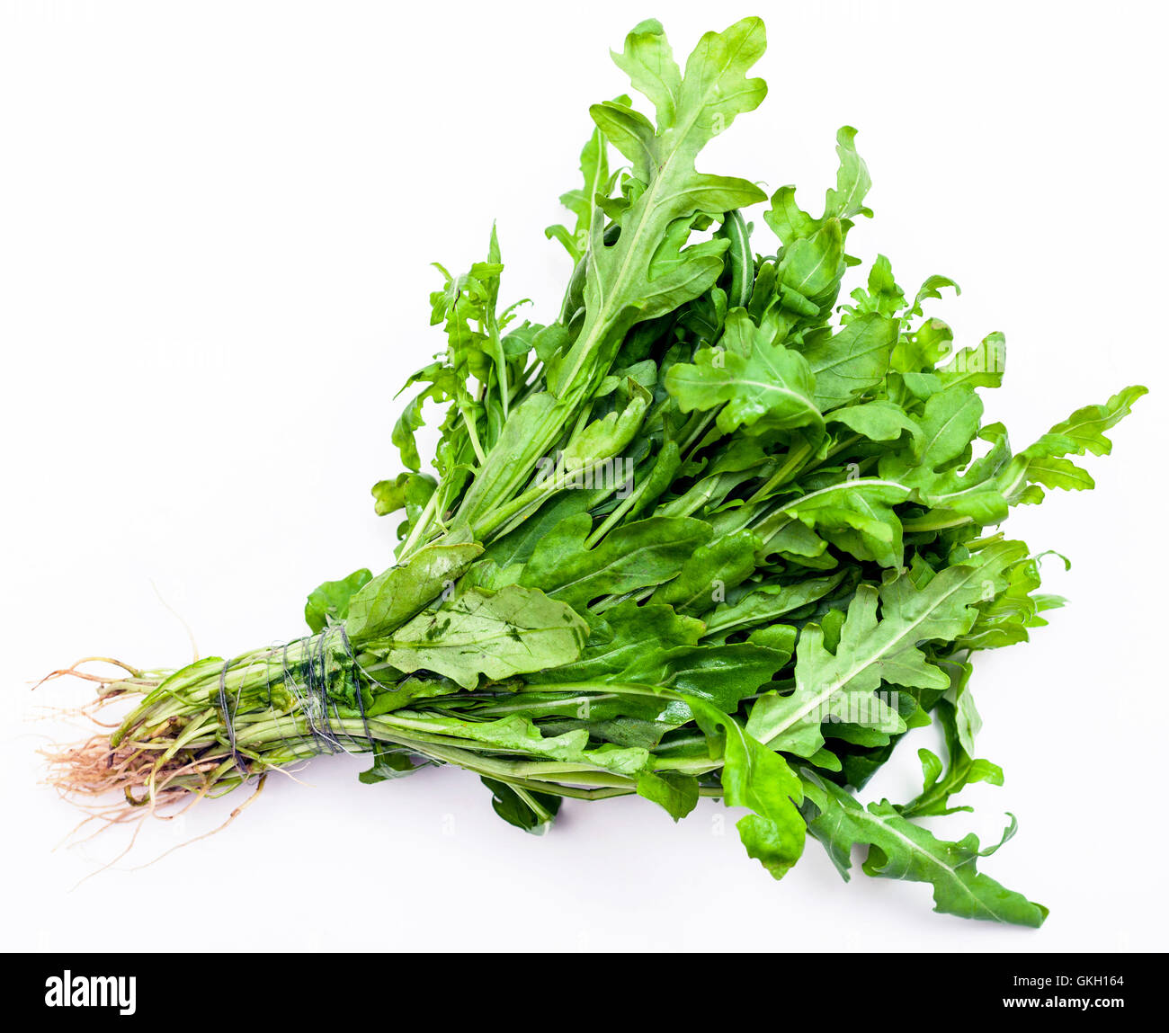 bunch of fresh cut green arugula herb on white background Stock Photo