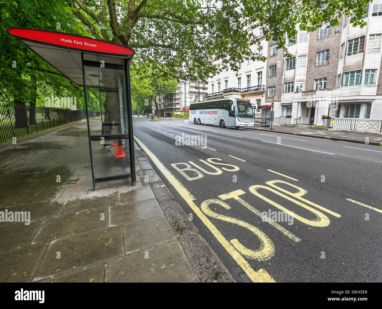 Empty bus stop in London streets Stock Photo