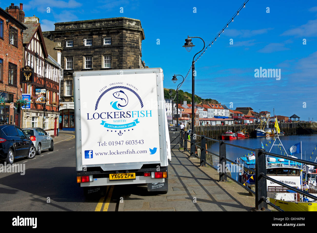 Wet fish delivery van parked on the quayside, Whitby, North Yorkshire, England UK Stock Photo