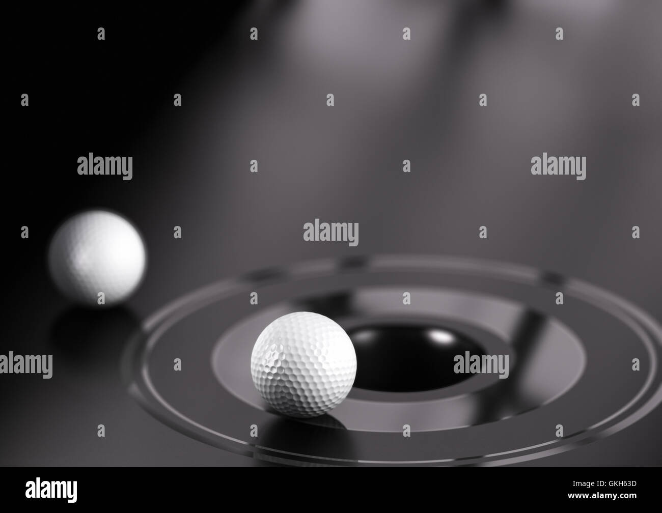 3D illustration of golf ball near a hole. Black background Stock Photo