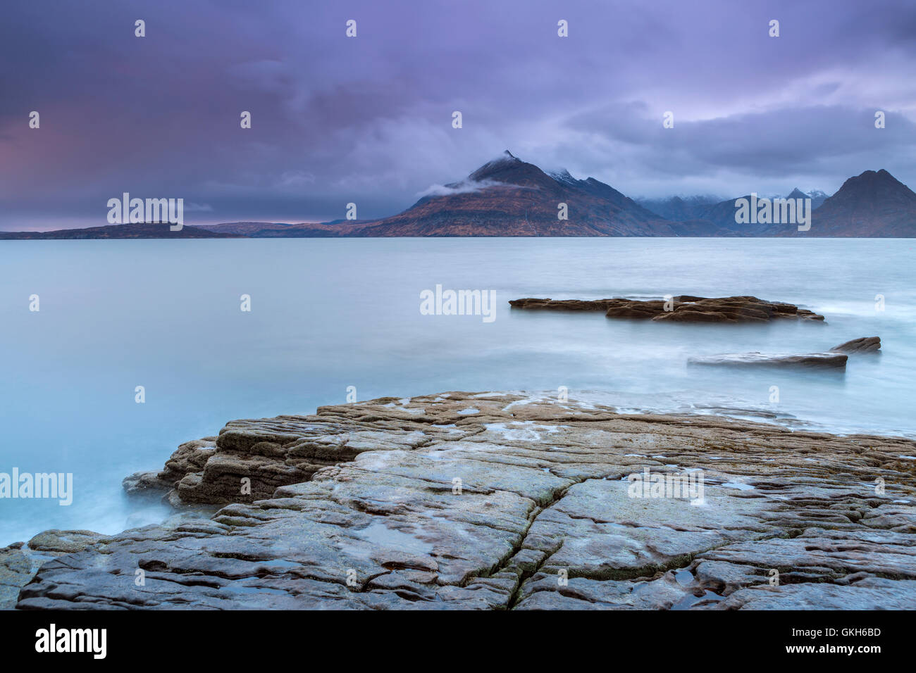 Cuillins Hills across Loch Scavaig seen from the beach of Elgol, Isle of Skye, Inner Hybrides, Highland, Scotland. Stock Photo