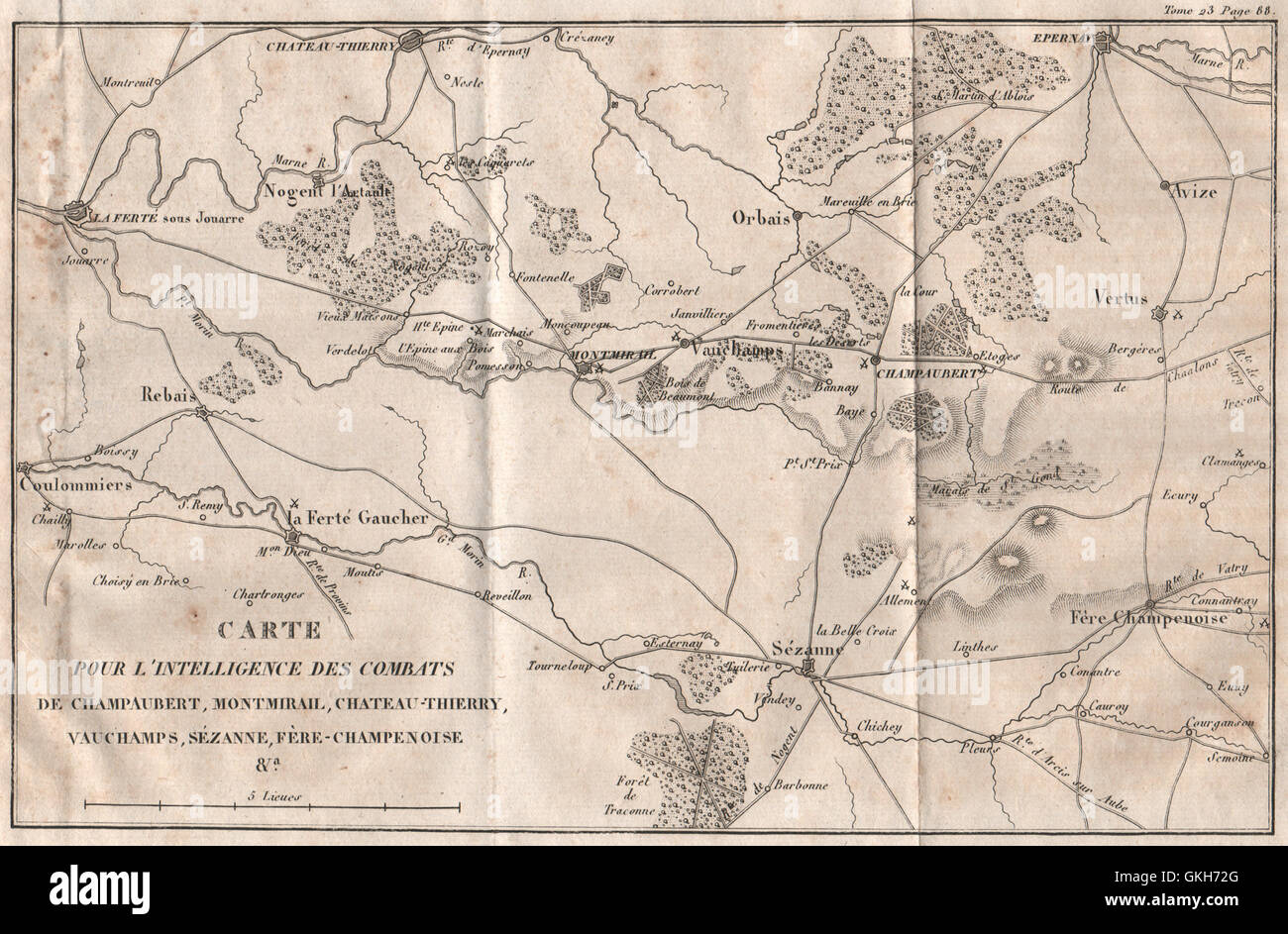 SIX DAYS CAMPAIGN 1814 Champaubert Montmirail Chateau-Thierry Vauchamps 1819 map Stock Photo
