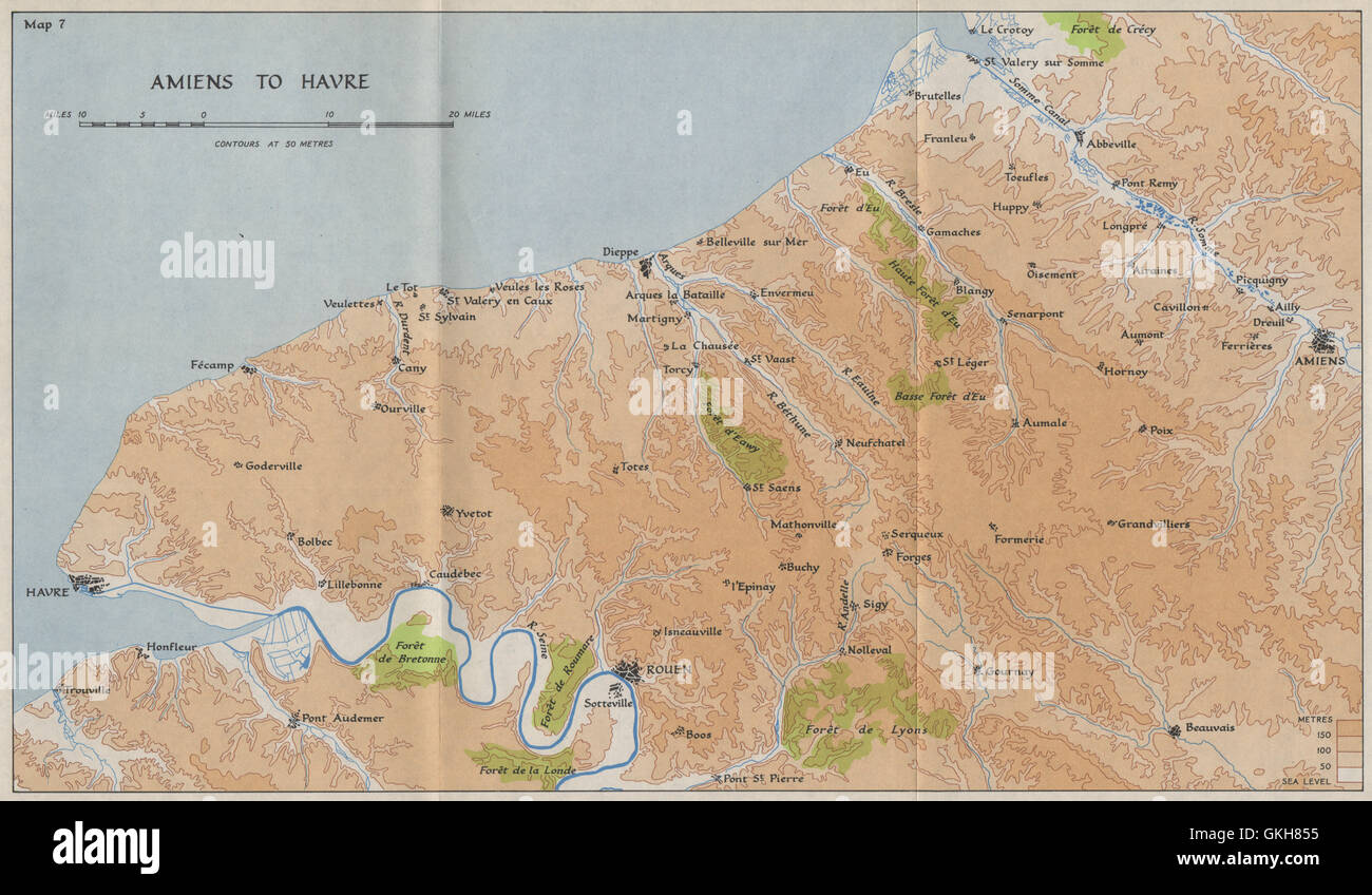 SEINE-MARITIME in 1940. Amiens Le Havre Dieppe Rouen. HMSO, 1953 vintage map Stock Photo