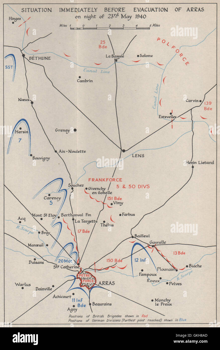 FALL OF FRANCE 1940. Arras evacuation 23rd May. Troop positions. HMSO, 1953 map Stock Photo