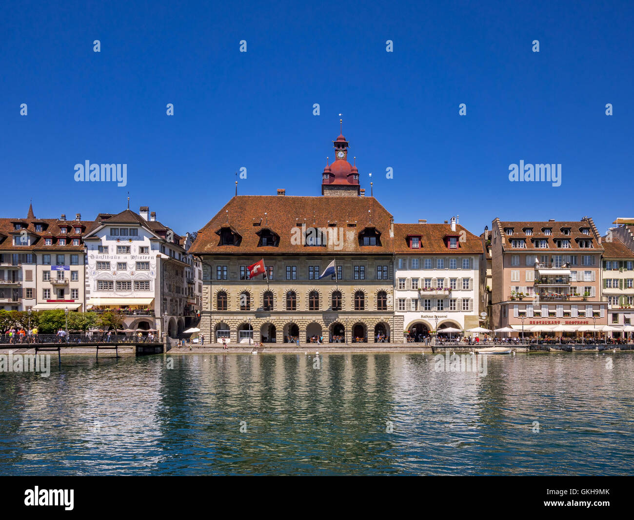 City Hall and restaurants on the river Reuss in Lucerne, Switzerland, Europe Stock Photo