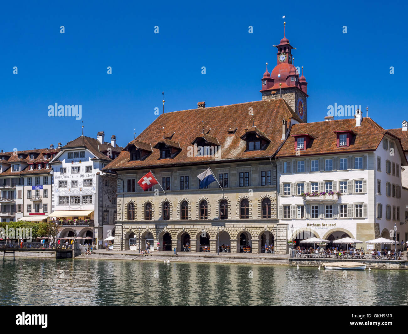 City Hall and restaurants on the river Reuss in Lucerne, Switzerland, Europe Stock Photo